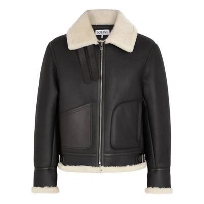 Shop Loewe Black Shearling-trimmed Leather Jacket In Black And White