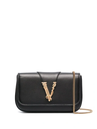 Shop Versace Virtus Leather Crossbody Bag In Black