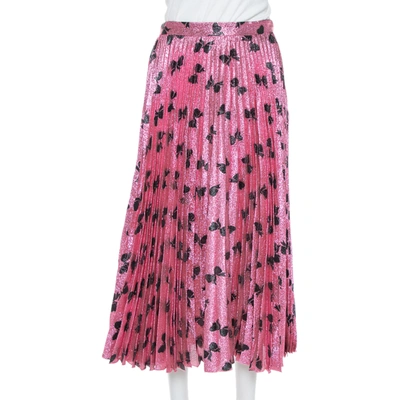 Pre-owned Gucci Pink Lurex Silk Bow Intarsia Pleated Midi Skirt L