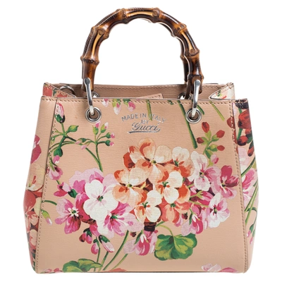 Pre-owned Gucci Multicolor Printed Blooms Leather Mini Bamboo Tote
