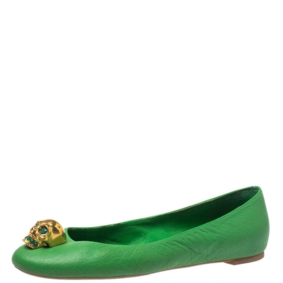 Pre-owned Alexander Mcqueen Green Leather Skull Embellished Ballet Flats Size 37