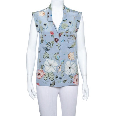 Pre-owned Gucci Blue 'flora' By Kris Knight Printed Sleeveless Silk Shirt M