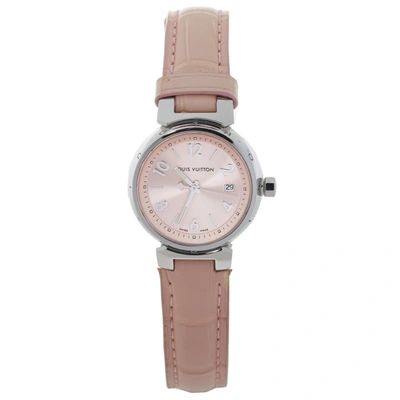 Pre-owned Louis Vuitton Pink Stainless Steel Alligator Leather Tambour Q121x Women's Wristwatch 28 Mm