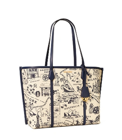 Tory Burch Perry Printed Canvas Triple-compartment Tote In Navy Destination  | ModeSens