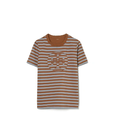 Shop Tory Burch Striped Logo T-shirt In Brown Stripe Logo