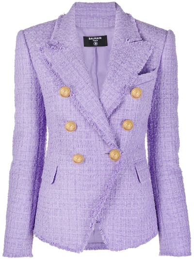 Shop Balmain Peak-lapel Double-breasted Cropped Blazer In Purple
