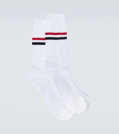 Shop Thom Browne Athletic Striped Mid-calf Socks In White