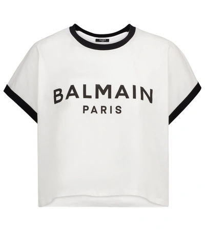Shop Balmain Logo Cropped Cotton-jersey T-shirt In White
