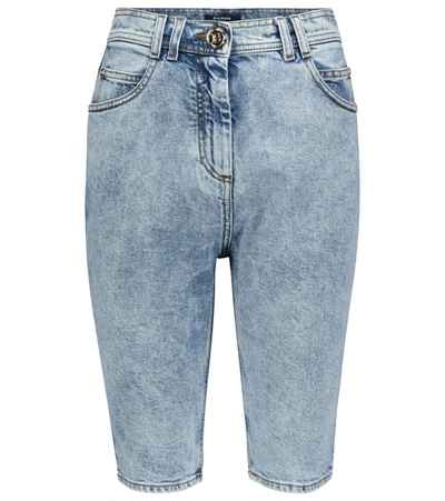 Shop Balmain High-rise Denim Biker Shorts In Blue