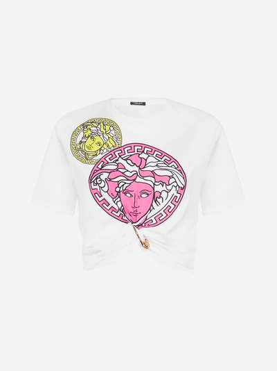 Shop Versace Medusa Cotton Cropped T-shirt In White - Multicolor