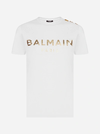 Shop Balmain Logo And Buttons Cotton T-shirt In White - Gold
