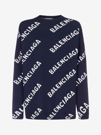 Shop Balenciaga All-over Logo Wool Sweater In Navy Blue - White