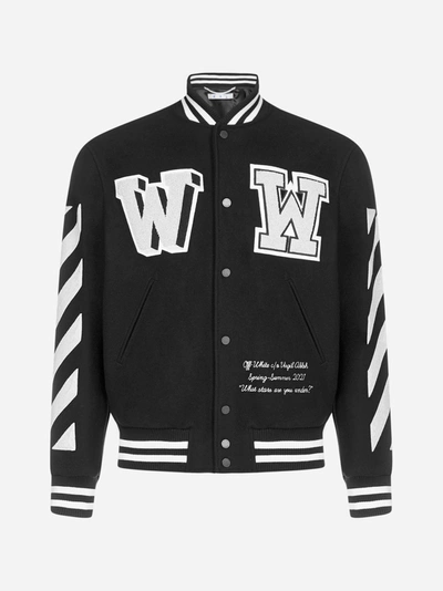 Shop Off-white Patch And Logo Wool Bomber Jacket In Black - White