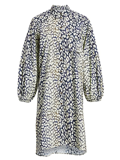 Shop Ganni Women's Leopard-print Cotton Poplin Shirtdress In Total Eclipse