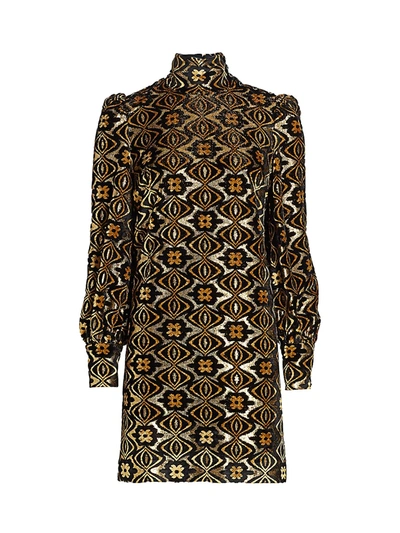 Shop Gucci Women's Lamé Jacquard Long-sleeve Turtleneck Shift Cocktail Dress In Black Gold
