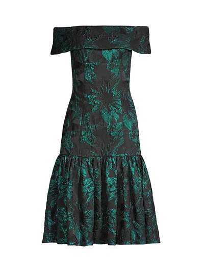 Shop Aidan Mattox Women's Off-the-shoulder Ruffle Banded Dress In Black Emerald