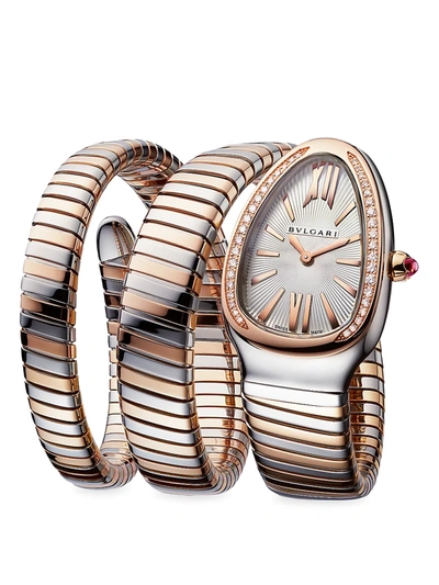 Shop Bvlgari Women's Serpenti Tubogas Two-tone & Diamond Double Twist Watch In Stainless Steel