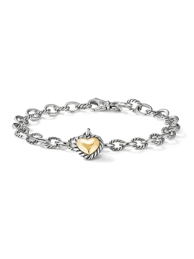 Shop David Yurman Women's Cable Cookie Classic Heart Charm Bracelet With 18k Yellow Gold In Silver