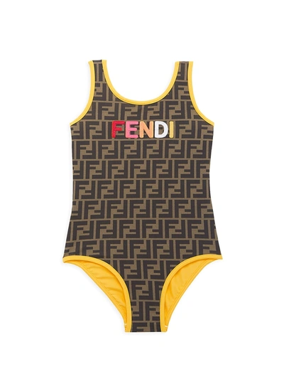 Shop Fendi Little Girl's & Girl's Allover Text Logo Swimsuit In Brown