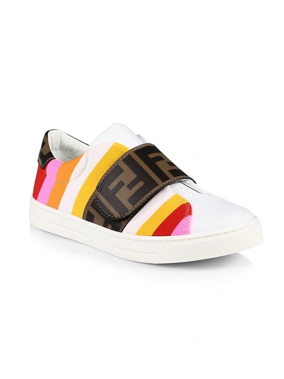 Shop Fendi Little Girl's & Girl's Striped Leather Logo Sneakers In Fuchsia