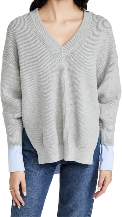 Shop Alexander Wang T Bi-layer V Neck Pullover With Oxford Shirting In Light Heather Grey/blue