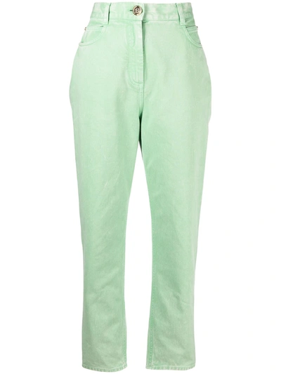 Shop Balmain High-waisted Straight-leg Jeans In Green