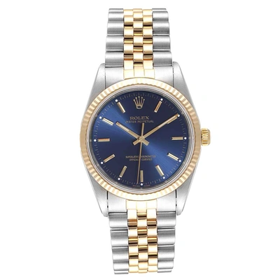 Pre-owned Rolex Blue 18k Yellow Gold And Stainless Steel Oyster Perpetual 14233 Men's Wristwatch 34 Mm