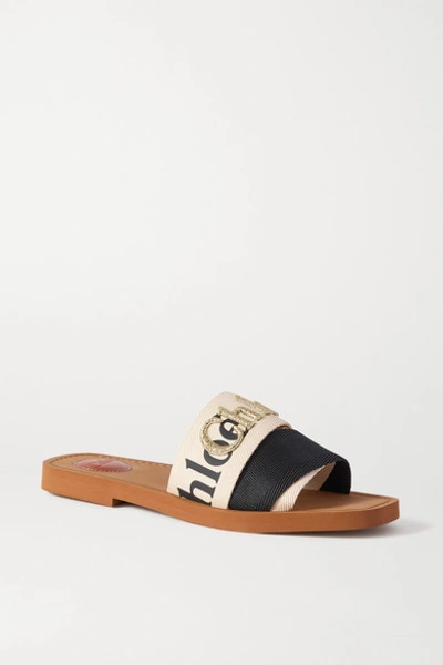 Shop Chloé Woody Logo-embroidered Canvas Slides In Cream