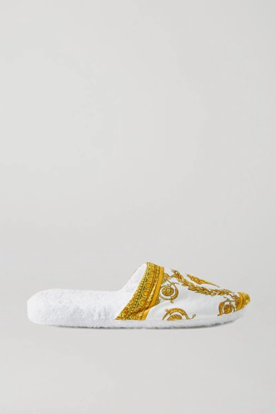 Shop Versace Printed Cotton Slippers In White