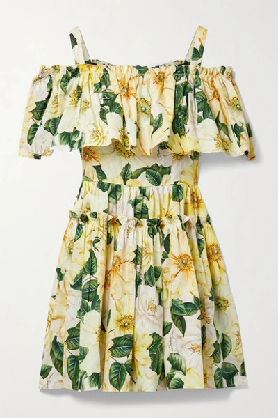 Shop Dolce & Gabbana Cold-shoulder Ruffled Floral-print Cotton-poplin Mini Dress In Yellow