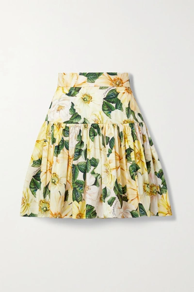 Shop Dolce & Gabbana Pleated Floral-print Cotton-poplin Mini Skirt In Yellow