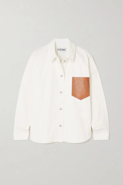 Shop Loewe Perforated Leather-trimmed Denim Shirt In Ecru