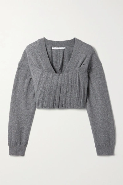 Shop Alexander Wang Cropped Pintucked Knitted Sweater In Dark Gray
