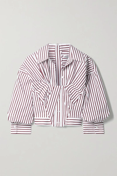 Shop Alexander Wang Gathered Cropped Striped Cotton-poplin Shirt In White