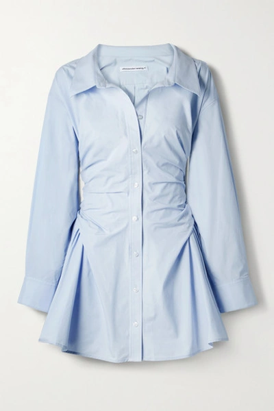 Shop Alexander Wang T Gathered Cotton-poplin Mini Shirt Dress In Light Blue