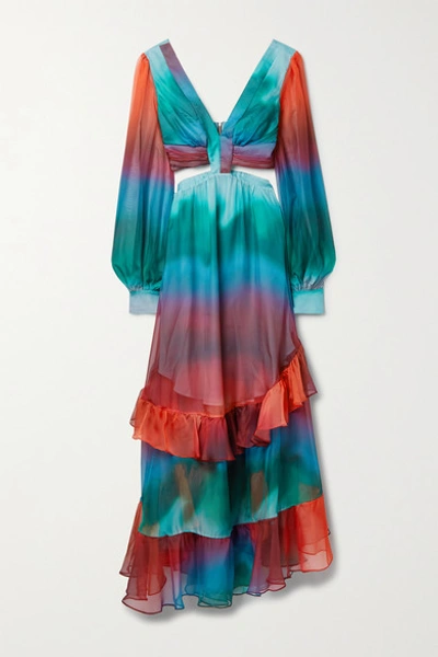 Shop Patbo Sunset Cutout Ruffled Printed Chiffon Maxi Dress In Turquoise