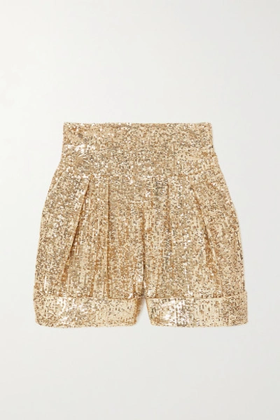 Shop Balmain Pleated Sequined Crepe Shorts In Gold