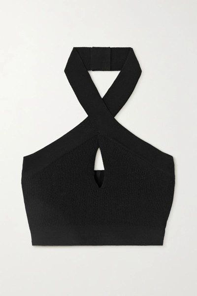 Shop Balmain Cropped Cutout Ribbed-knit Halterneck Top In Black