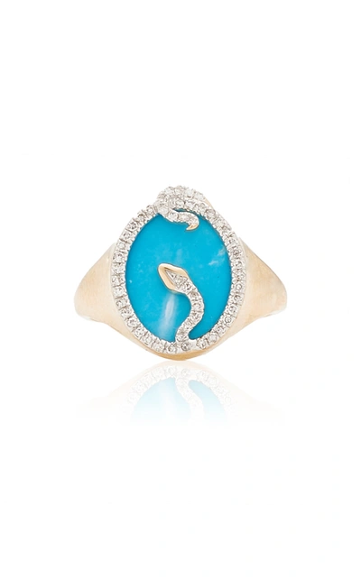 Shop Adina Reyter Women's Snake 14k Yellow Gold Turquoise; Diamond Signet Ring In Blue