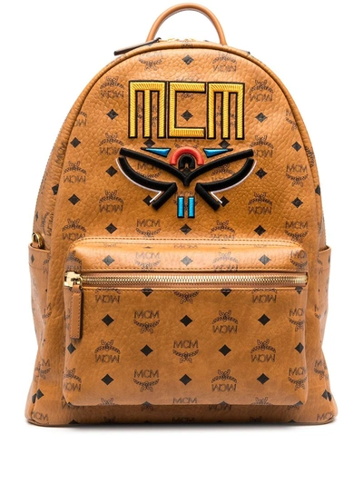 Shop Mcm Stark Visetos Embroidered Backpack In Brown