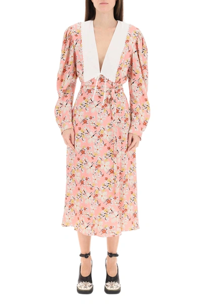 Shop Miu Miu Sable Satin Dress With Floral Print In Camelia (pink)
