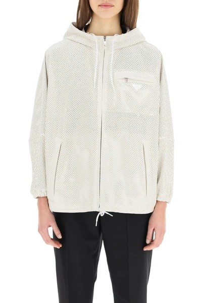 Shop Prada Perforated Leather Blouson In Bianco (white)