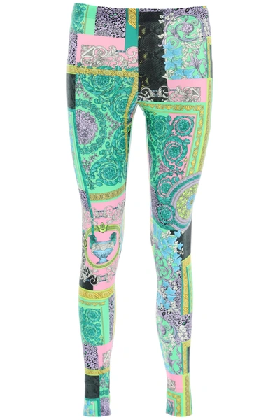 Shop Versace Leggings With Baroque Patchwork Print In Multicolor (green)