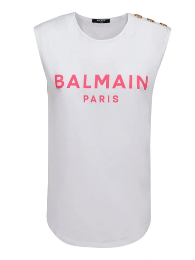 Shop Balmain Logo Print Top In White