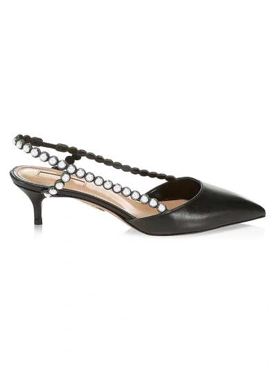 Shop Aquazzura Women's Pearl Leather Slingback Pumps In Black