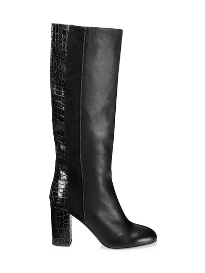 Shop Aquazzura Women's Eaton Knee-high Croc-embossed Leather & Suede Boots In Black