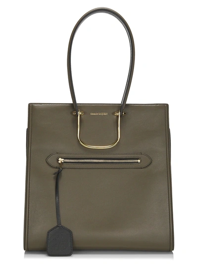 Shop Alexander Mcqueen The Tall Story Leather Tote In Khaki Multi