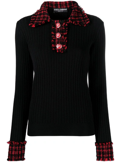 Shop Dolce & Gabbana Tweed-detail Ribbed-knit Top In Black