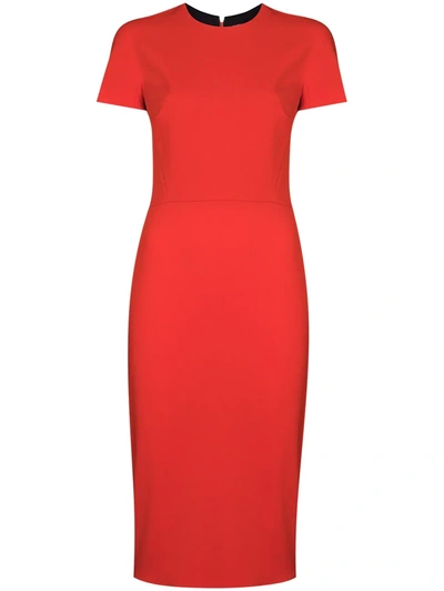 Shop Victoria Beckham Short Sleeve Fitted Midi Dress In Red