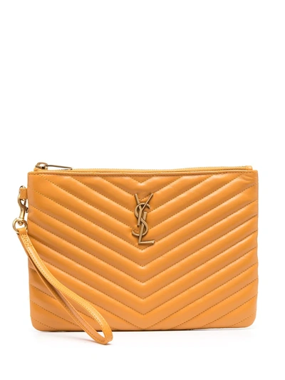 Shop Saint Laurent Logo-plaque Quilted Clutch Bag In Yellow